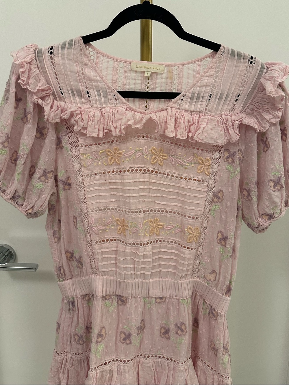 LoveShackFancy Sorelle Pink Eyelet Lace Ruffle Dress Size L